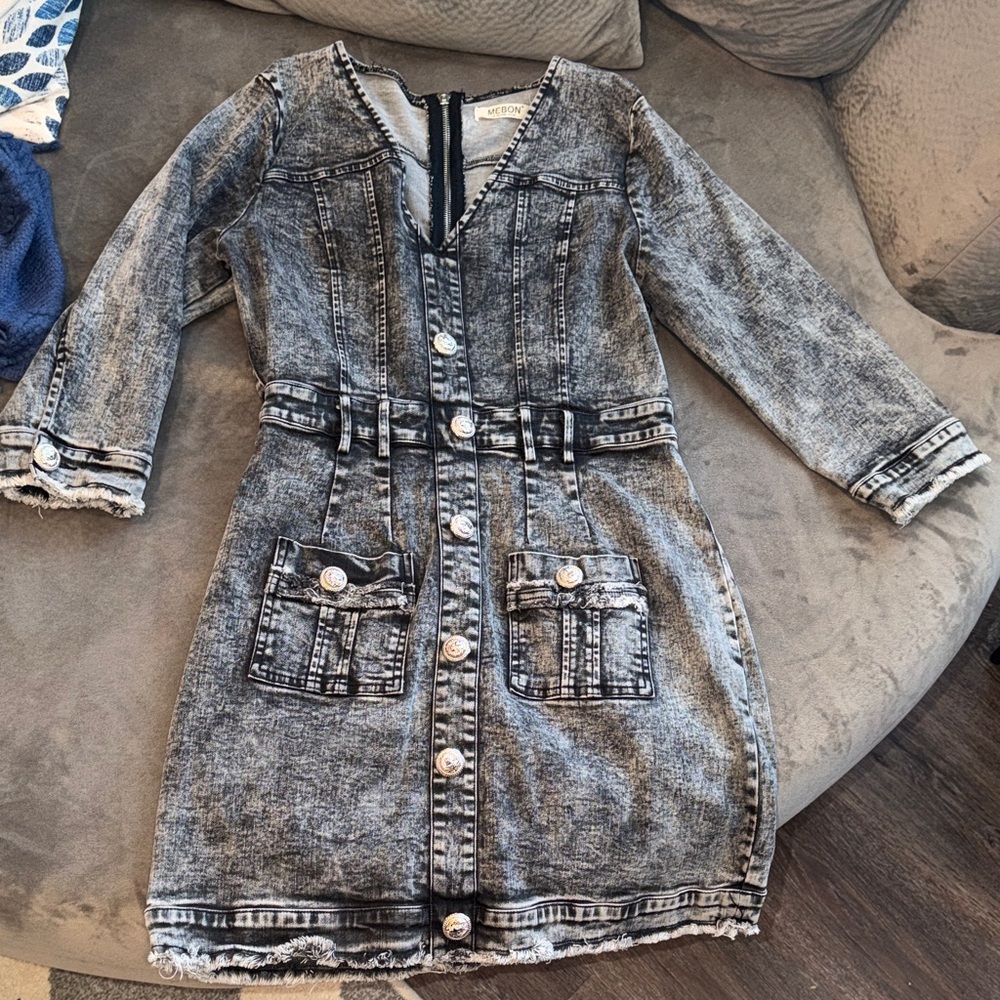 Washed Black Denim Button-Front Mini Dress